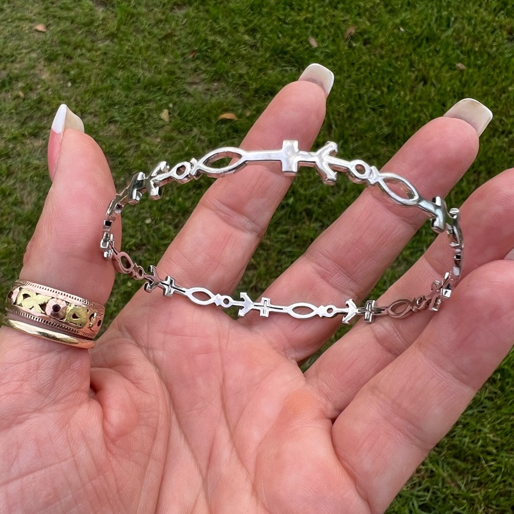 Sterling Silver Fish, Anchor, & Cross Thin Bangle Bracelet
